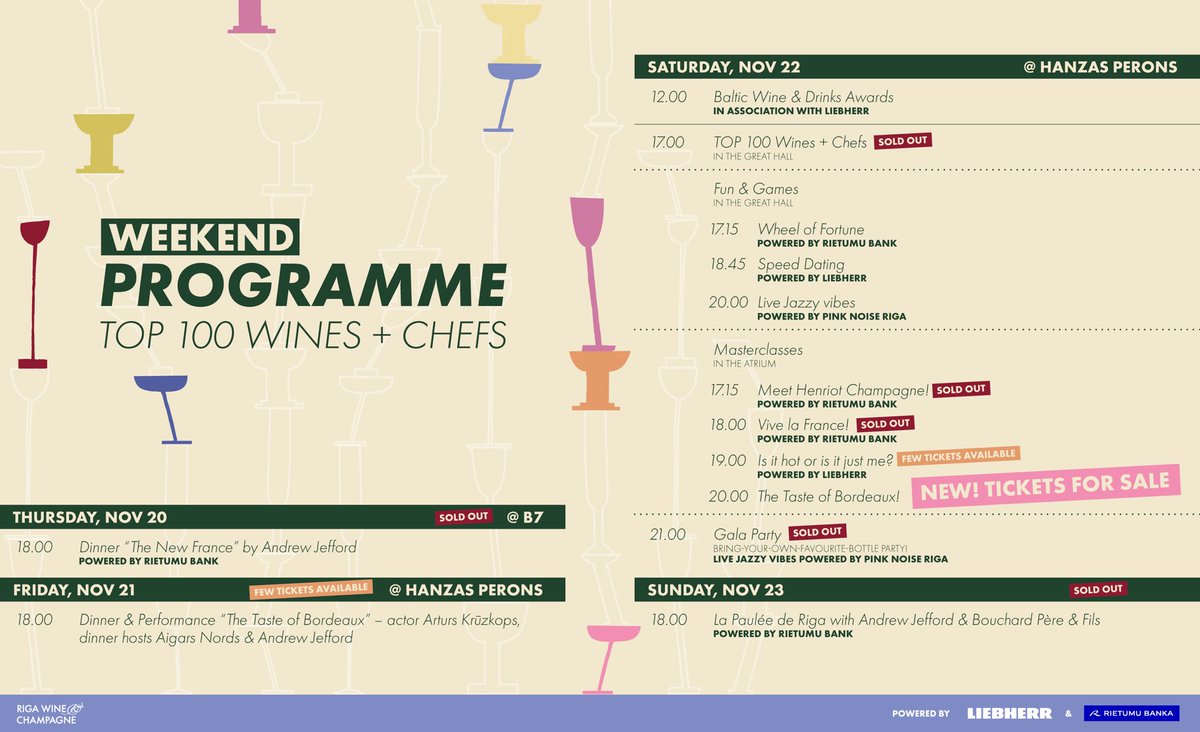 Lielie vīna svētki, kas šoruden Francijas zīmē, jau šonedēļ! Can’t wait to welcome you all at the Fall session of Riga Wine &amp; Champagne! Almost everything is SOLD OUT, but some bits &amp; pieces still available, including an incredible Bordeaux dinner! #riga #rigawineandchampagne