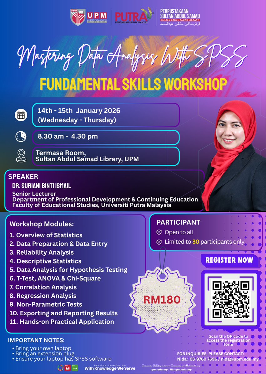 UPMLibrary's tweet image. 📢 INVITATION TO JOIN MASTERING DATA ANALYSIS WITH SPSS : FUNDAMENTAL SKILLS WORKSHOP

🔗 Register here:
forms.gle/wAgTGJHpL5XTht…

Don&apos;t miss this opportunity to learn more about SPSS! 🚀

#UPMKnowledgeHub
#PSASKnowledgeHub
#DiscoverPSAS
#UPMLibrary
#UniversitiPutraMalaysia
#UPM