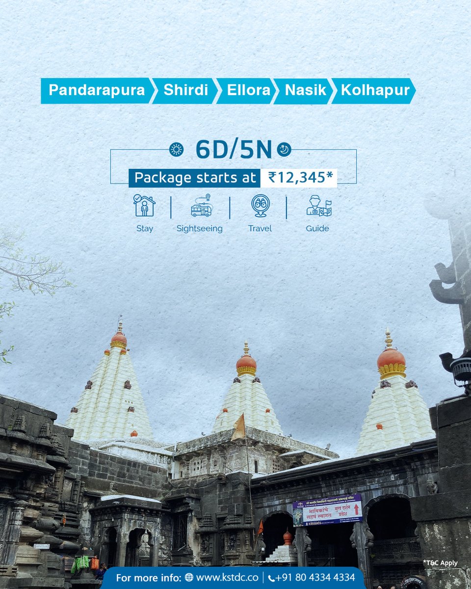 Discover a soulful 6-day journey through Pandharapura, Shirdi, Ellora, Ajantha, Nasik &amp; Kolhapur.
A perfect blend of spirituality and heritage come back blessed and inspired. 
Book: kstdc.co/tour_packages/…
Call: +91 80 4334 4334

#KSTDC #PilgrimageHolidays #SacredDestinations