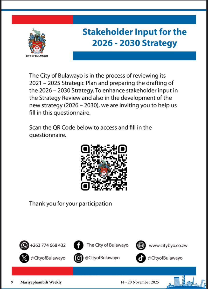 The City of Bulawayo is in the process of reviewing its 2021 – 2025 Strategic Plan and preparing the drafting of the 2026 – 2030 Strategy. To enhance stakeholder input in the Strategy Review and also in the development of the new strategy (2026 – 2030), we are inviting you to