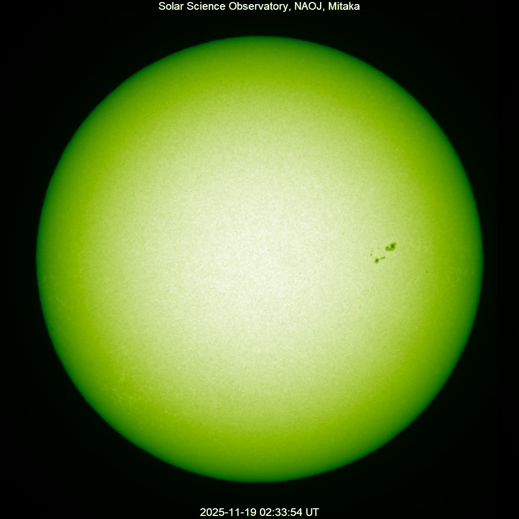 本日の太陽】2025-11-19の太陽黒点 北半球g=0,f=0,R=0 南半球g=3,f=10