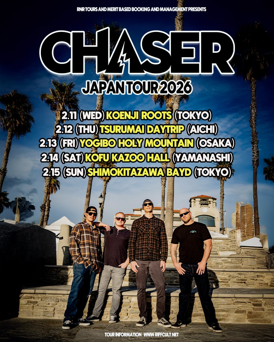 【🚨NEW ANNOUNCEMENT🚨】

南カリフォルニアのメロディックパンク・レジェンド"CHASER"、2026年2月初来日決定!

riffcult.net/2025/11/20/cha… 

#来日情報 
#CHASER