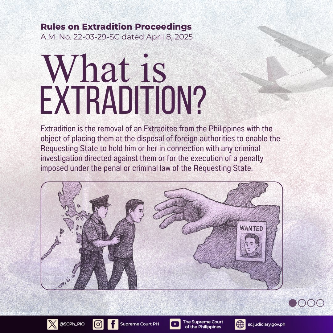 SCPh_PIO's tweet image. Extradition is the process of removing an Extraditee from one State to turn him/her over to the Requesting State so that he/she may be held in connection with any criminal investigation he/she is facing. It may also be for the service of penalty imposed under the criminal law of…