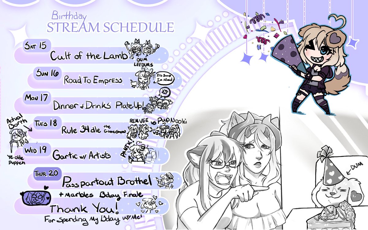 KhaosPuppy's tweet image. Only 2 days of Bday Shenanigans left!

Updated the Schedule &amp;amp; had way too much fun doodling everywhere XD Very fitting since the last days are art streams!

Thank you to everyone who joined so far! I feel so lucky for all you lovelies who helped make this week truly amazing!