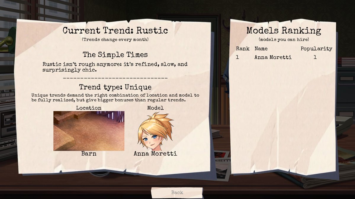 working on "trends" for my next game: each month there'll be new trends you can check. If any picture matches the trend, you'll get bonus money. In this case, it's a unique trend that requires a specific combo of model + location. #indiedev 
Bookmark KS: kickstarter.com/projects/winte…