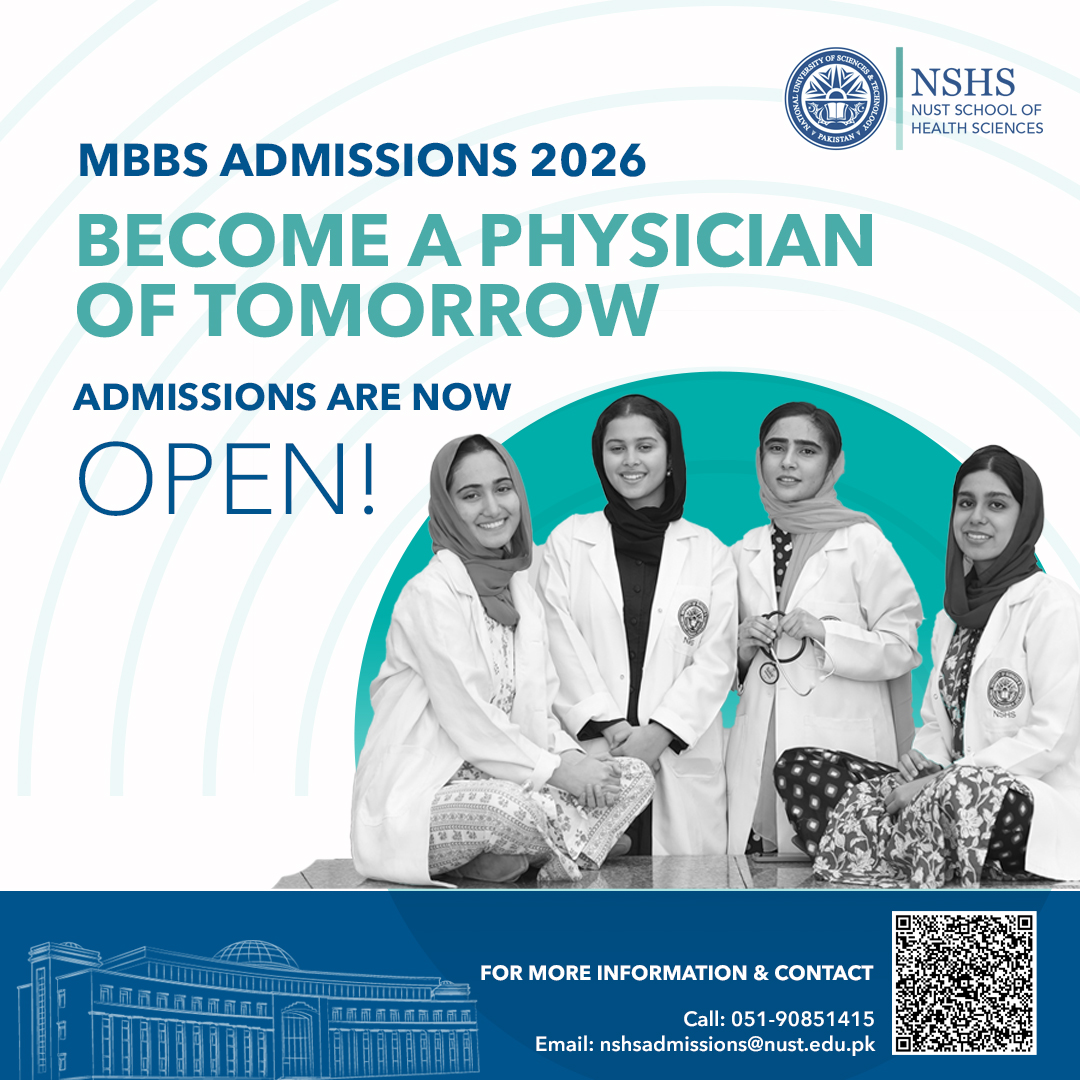 ThisIsNUST's tweet image. NUST School of Health Sciences (NSHS) invites aspiring medical students to apply for MBBS Admissions 2026. 

Apply online:
numspak.edu.pk/news-detail/ce…

Or scan the QR code to register.

#NUST #NSHS #MBBSAdmissions2026