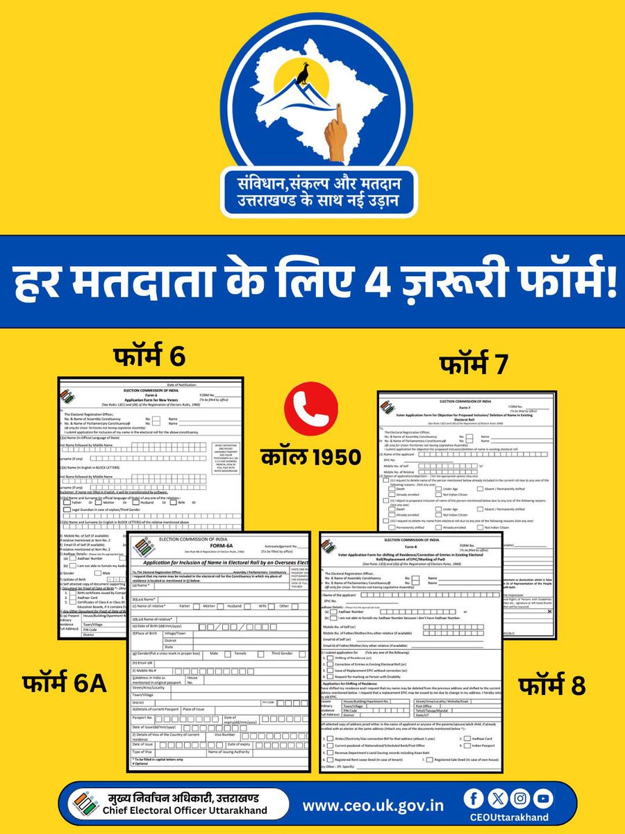 UttarakhandCEO's tweet photo. हर मतदाता के लिए ज़रूरी हैं ये 4 फॉर्म — फ़ॉर्म 6, फ़ॉर्म 7, फ़ॉर्म 6A और फ़ॉर्म 8। 

सही फॉर्म भरें, अपने वोट का अधिकार सुनिश्चित करें और लोकतंत्र को मजबूत बनाएं! 

#ECIforms
#Form6
#Form7
#Form8
#Form6A
#CeoUttarakhand
#VoterRegistration https://t.co/HSpQFMb5mD