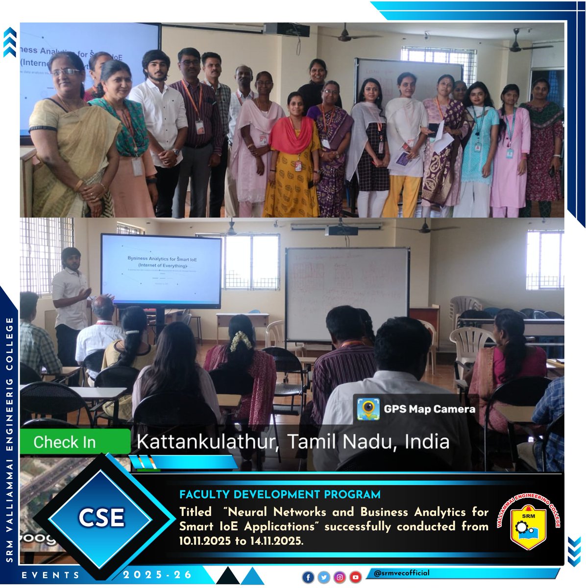 srmvecofficial's tweet image. Dept. of CSE in association with the CSI Student Branch, ISTE, Institution’s Innovation Council, and Coderizz Club, successfully organized a Faculty Development Program (FDP) from 10.11.2025 to 14.11.2025.