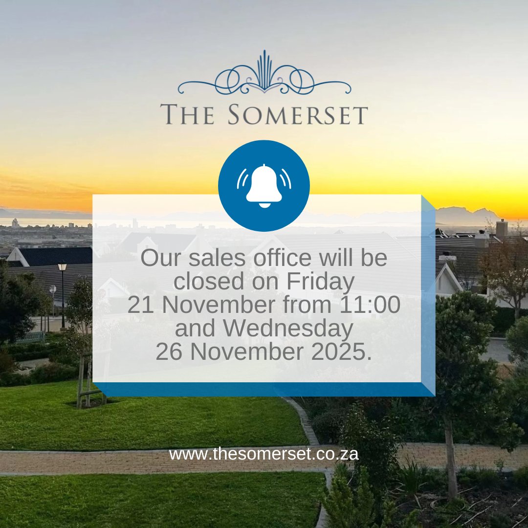 Heads-up! Our Sales Office will close this Friday, Nov 21 at 11 am for a year-end lunch, back Saturday! Join us for Ladies' Golf Day on Nov 26 at Erinvale Golf Estate! We're open weekdays 10 am-5 pm, Sat 9 am-12 pm, Sun 2 pm-5 pm. #YearEndLunch #SalesOffice #GolfDay