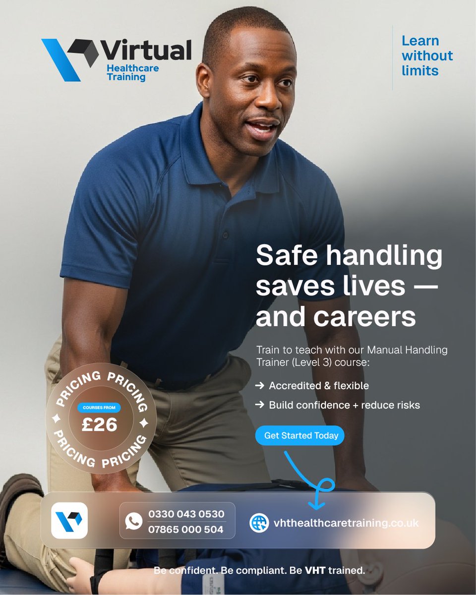 vhthealthcare's tweet image. Safe handling saves lives — and careers.

Train to teach with our Manual Handling Trainer (Level 3) course:
✅ Accredited &amp;amp; flexible
✅ Just £26
✅ Build confidence + reduce risks

👉 Enrol today: virtualhealthcaretraining.co.uk

#ManualHandling #Healthcare #Training
