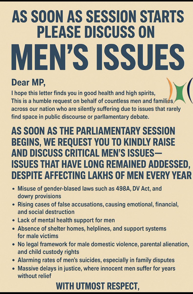 Racr2024's tweet image. We request all members of  parliament @mpa_india to look into #Judiciaryreforms discuss on Men’s issues,suffering from misuse of #Judiciarylaws,#falsecases blackmail. Men facing harassment,injustice loosing families,kids.
Pls bring #genderneutral 
#Internationalmensday
@republic