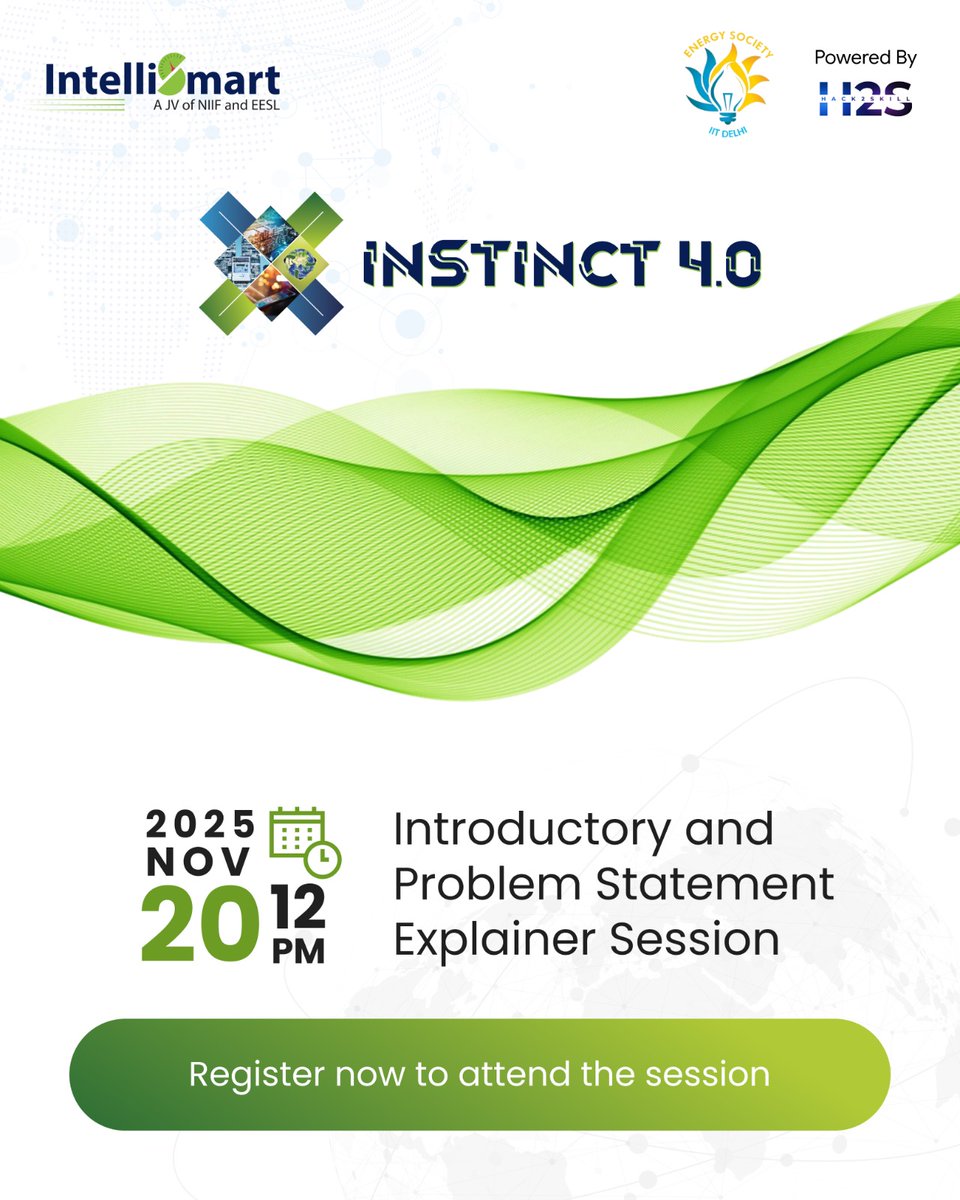Intelli_Smart's tweet image. We are excited to host INSTINCT 4.0’s introductory and Problem Statement Explainer session tomorrow! INSTINCT 4.0, the fourth edition of India’s leading innovation challenge and hackathon for the power distribution sector, is now live, and registrations are already rolling in.…