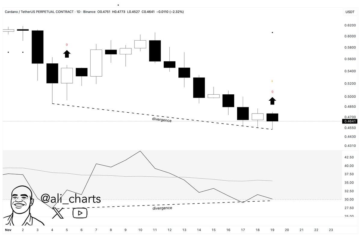 Cardano $ADA shows bullish divergence with the RSI on the daily chart, and  TD Sequential printed a buy signal. A rebound is coming!