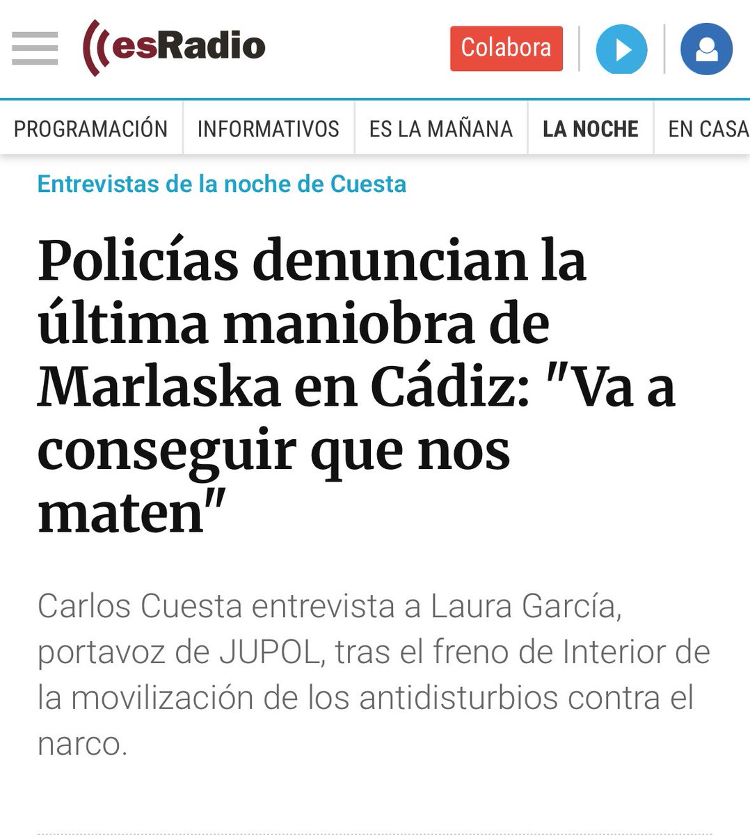 Policías denuncian la última maniobra de Marlaska en Cádiz: "Va a conseguir que nos maten", por <a href="/carloscuestaLD/">Carlos Cuesta</a> en @esradio

Allí no sobra NADIE, cuántos más mejor, no hace falta cargar contra la #UPR, que hace una grandísima labor, para defender que también viaje la #UIP. Unidad