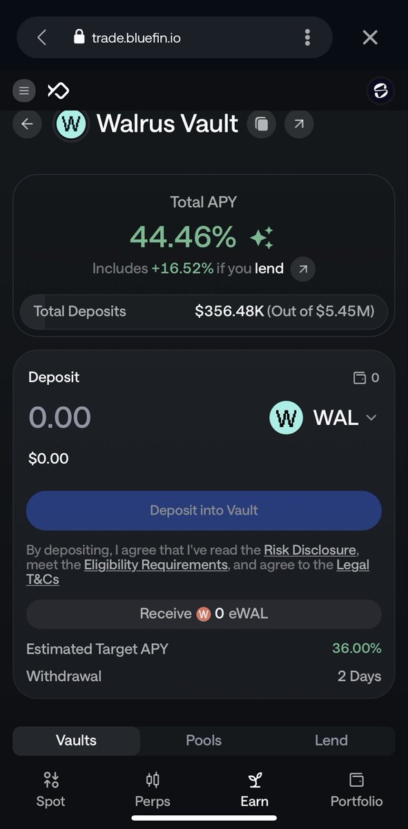 King_Breezyy's tweet image. Gm $SUI ☕️

Did you know you can stake your $WAL token and receive eWAL in return on Bluefin vaults?. @bluefinapp 

Now the interesting part is you can still lend your eWAL on Bluefin lend with a 44.46% APR. 

What are you waiting for ?. Start here 👇🏽

trade.bluefin.io/ember/eWAL
