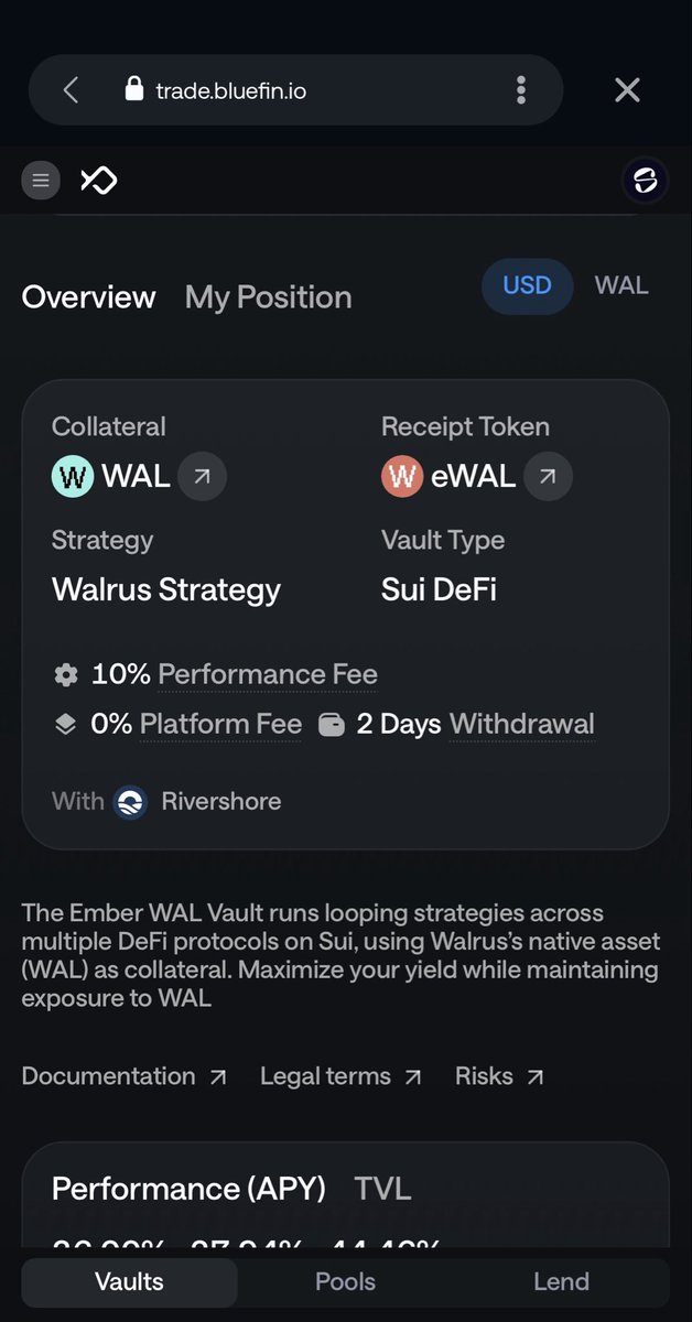 King_Breezyy's tweet image. Gm $SUI ☕️

Did you know you can stake your $WAL token and receive eWAL in return on Bluefin vaults?. @bluefinapp 

Now the interesting part is you can still lend your eWAL on Bluefin lend with a 44.46% APR. 

What are you waiting for ?. Start here 👇🏽

trade.bluefin.io/ember/eWAL