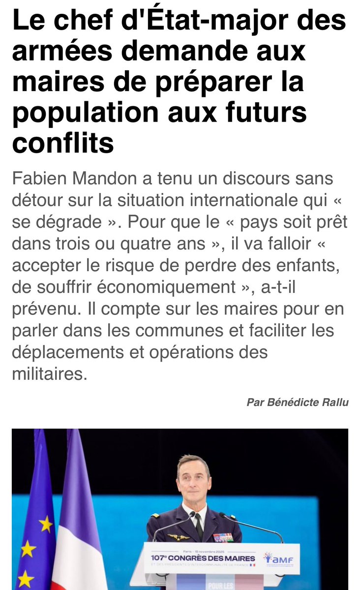 camille_moscow's tweet image. 🚨🇫🇷 Scène hallucinante au Congrès des maires.
Les élus pensaient assister à une ouverture protocolaire… ils ont eu droit à un discours de mobilisation générale.

🔴 Le général Mandon, chef d’état-major, a lâché une bombe :
👉 « Préparez-vous : dans 3 à 4 ans, la guerre sera là.…
