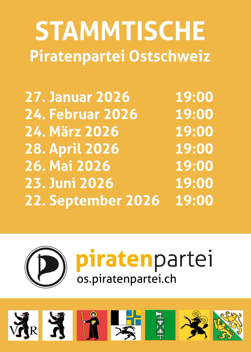 PPOstschweiz's tweet image. Der November-Stammtisch (24.11.2025) der Piratenpartei Ostschweiz fällt leider aus beruflichen Gründen aus.

Wir planen, den Januar-Stammtisch am 27.01.2026 (Anmeldung erforderlich!) wieder einmal vor Ort, Region Glarus/Sargans. Melde Dich bei mir an, wenn Du teilnehmen möchtest.