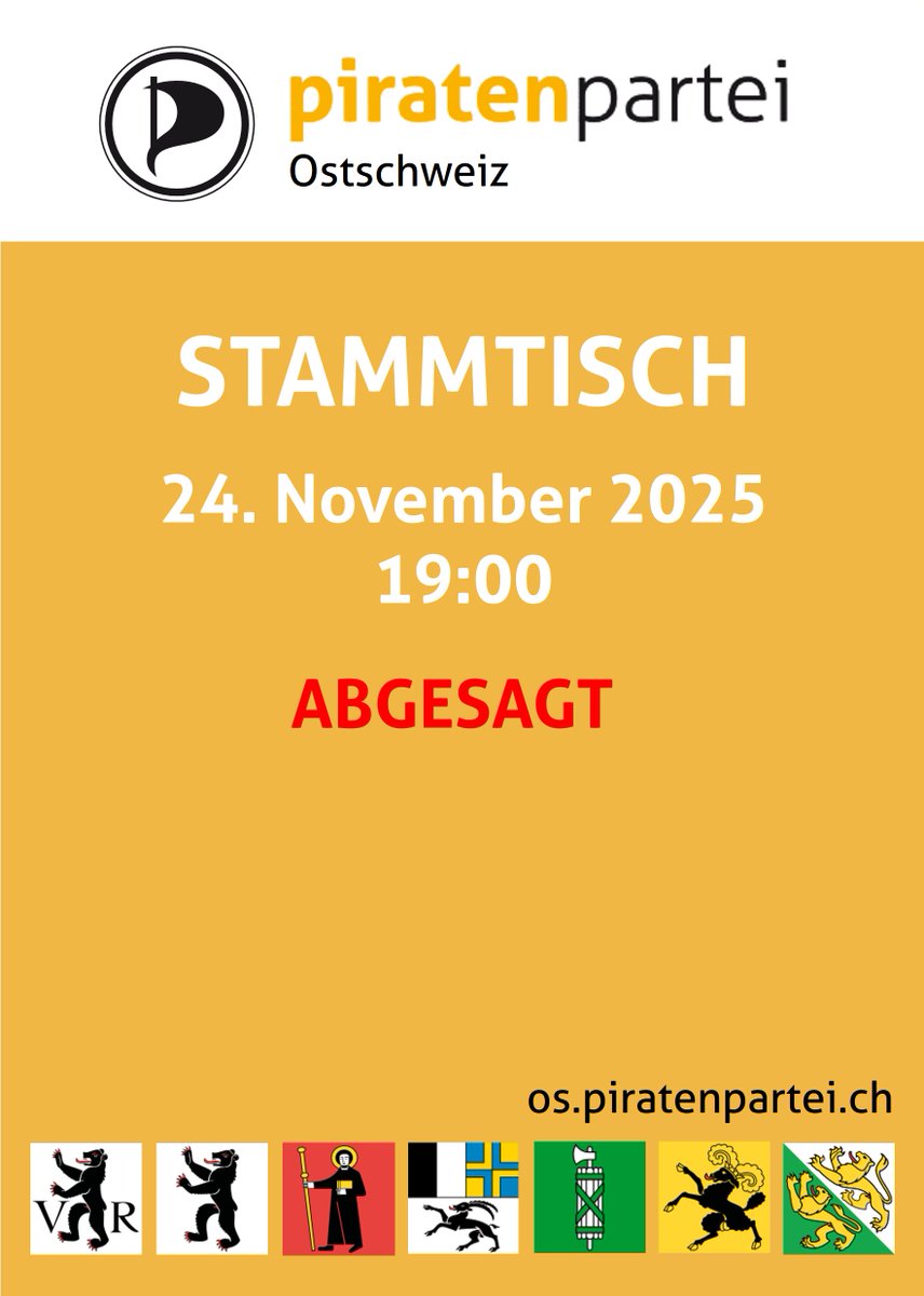 PPOstschweiz's tweet image. Der November-Stammtisch (24.11.2025) der Piratenpartei Ostschweiz fällt leider aus beruflichen Gründen aus.

Wir planen, den Januar-Stammtisch am 27.01.2026 (Anmeldung erforderlich!) wieder einmal vor Ort, Region Glarus/Sargans. Melde Dich bei mir an, wenn Du teilnehmen möchtest.
