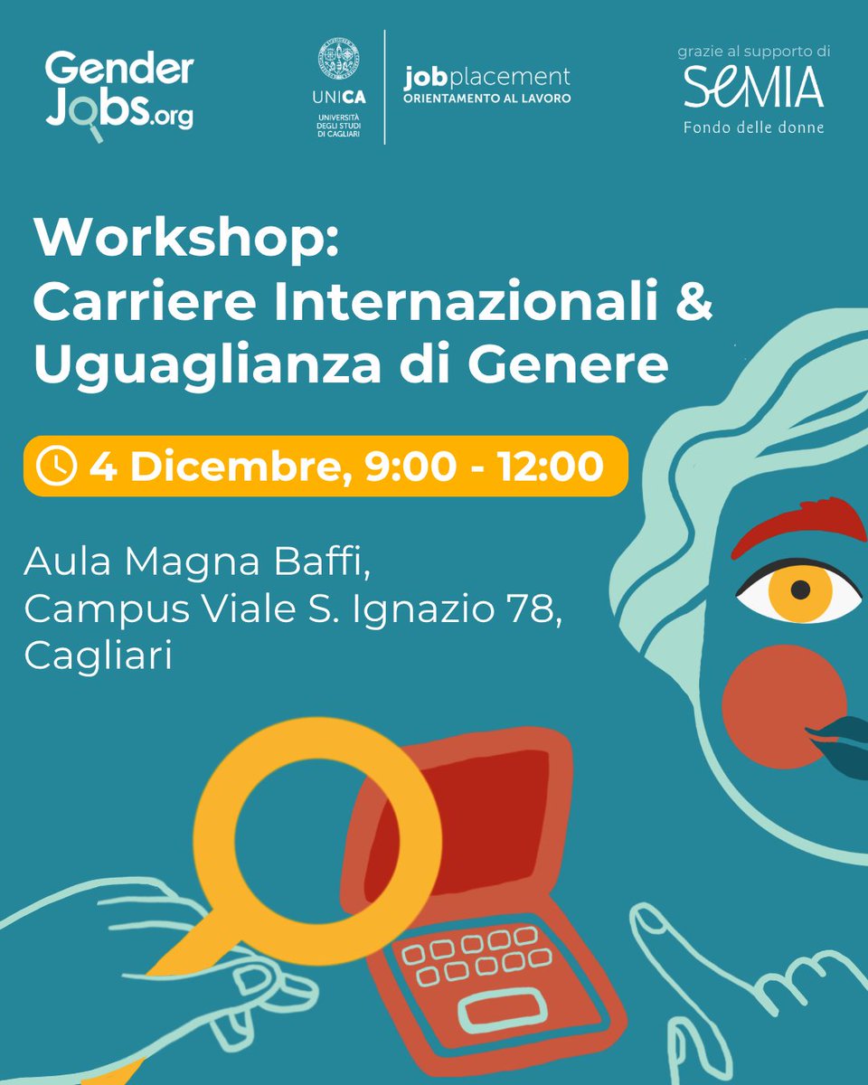 JobUnica's tweet image. 🎓Partecipa al workshop UniCa &amp;amp; GenderJobs!
📅 4/12, h 9–12
📍 Aula Magna Baffi, Cagliari
👥 50 posti
💡 CV, candidature, opportunità internazionali
👉 Iscriviti entro il 28/11: forms.office.com/e/GnCNx2VETa
#JobPlacement #GenderEquality #UniCa