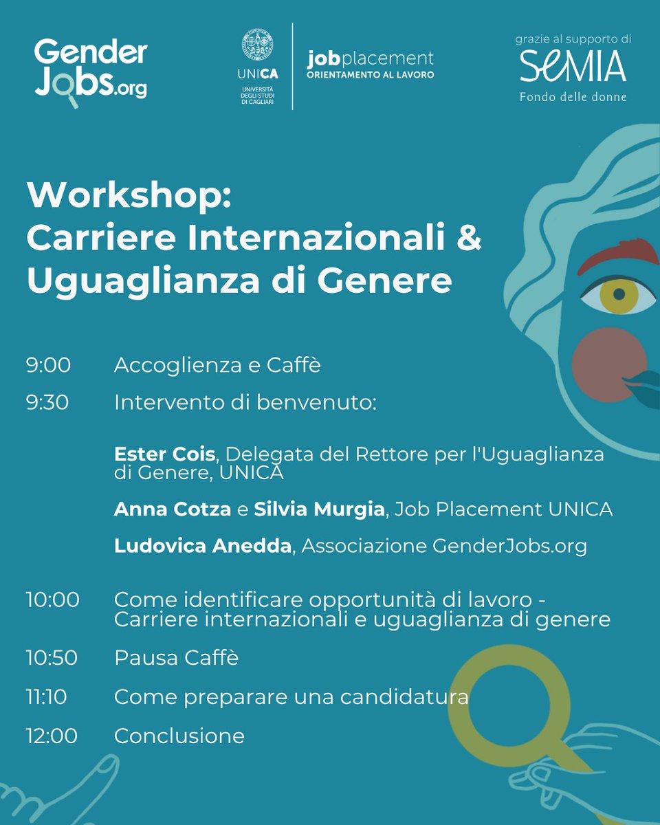 JobUnica's tweet image. 🎓Partecipa al workshop UniCa &amp;amp; GenderJobs!
📅 4/12, h 9–12
📍 Aula Magna Baffi, Cagliari
👥 50 posti
💡 CV, candidature, opportunità internazionali
👉 Iscriviti entro il 28/11: forms.office.com/e/GnCNx2VETa
#JobPlacement #GenderEquality #UniCa