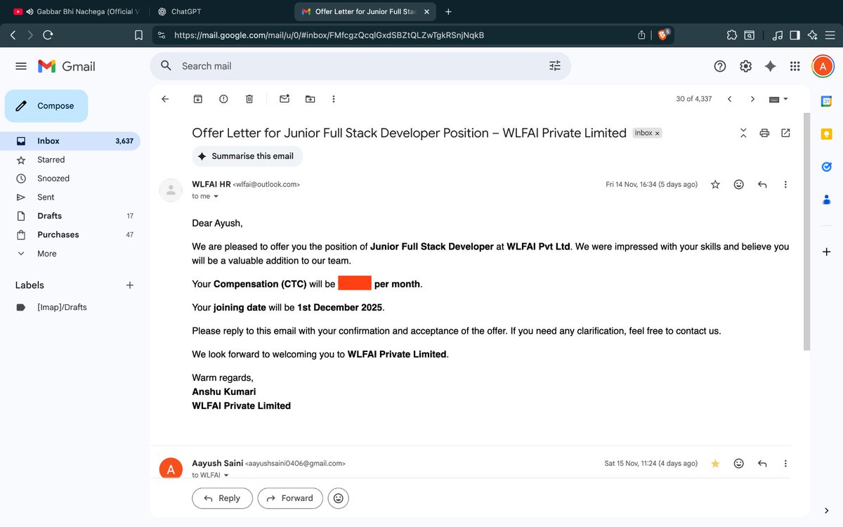 aayushsaini_dev's tweet image. Just accepted an offer as Junior Full Stack Developer at WLFAI Pvt Ltd, joining from 1st December! 🚀
This happened only because of @hiteshdotcom — your guidance truly changed my life. 🙌
Excited for this new chapter and ready to give my best! 💻✨#Placed #MERNStack #FirstJob