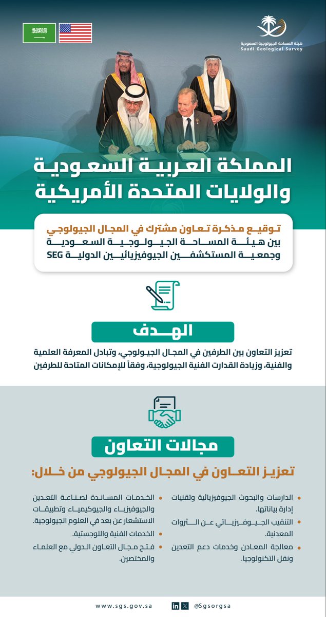 بحضور أصحاب المعالي، وزير الصناعة والثروة المعدنية معالي الأستاذ بندر بن إبراهيم الخريّف <a href="/BAlkhorayef/">بندر إبراهيم الخريف Bandar Alkhorayef</a> ووزير الاستثمار معالي المهندس خالد بن عبد العزيز الفالح <a href="/Khalid_AlFalih/">خالد الفالح | Khalid Al Falih</a> ، وقع سعادة الرئيس التنفيذي لـ #هيئة_المساحة_الجيولوجية_السعودية
المهندس. عبدالله الشمراني مذكرة تعاون