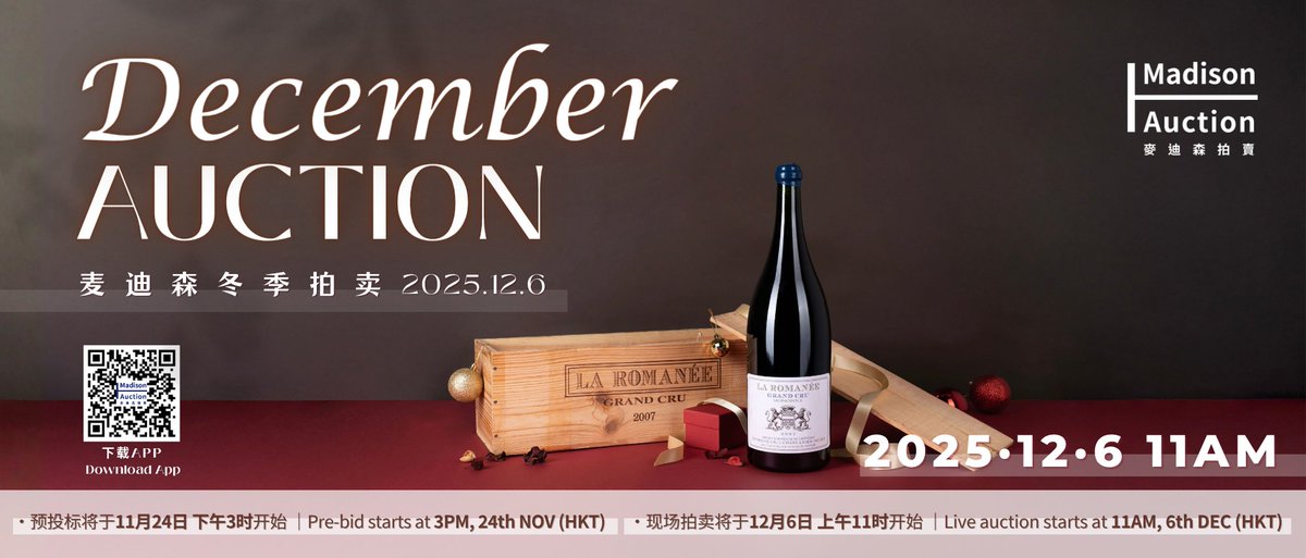 MadisonAuction's tweet image. 📢 Madison December Live Auction – The Big Show of the Year!
🗓 December 6th,  AM (HKT)
📌 Grand Hyatt Hotel, Hong Kong
⏰ Pre-bidding opens November 24th at  PM (HKT)

✨ Discover an exceptional lineup of fine wines, rare spirits, and premium Connoisseur Collections…