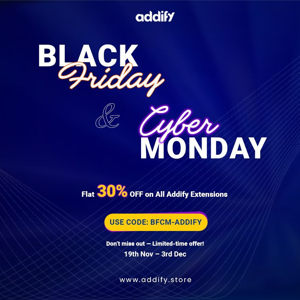Addify2's tweet image. 𝗕𝗹𝗮𝗰𝗸 𝗙𝗿𝗶𝗱𝗮𝘆 𝗖𝘆𝗯𝗲𝗿 𝗠𝗼𝗻𝗱𝗮𝘆 𝗗𝗲𝗮𝗹 
𝗙𝗹𝗮𝘁 𝟯𝟬% 𝗢𝗙𝗙 𝗮𝗹𝗹 𝗔𝗱𝗱𝗶𝗳𝘆 𝗲𝘅𝘁𝗲𝗻𝘀𝗶𝗼𝗻𝘀! 𝗣𝗲𝗿𝗳𝗲𝗰𝘁 𝘁𝗶𝗺𝗲 𝘁𝗼 𝗲𝗻𝗵𝗮𝗻𝗰𝗲 𝘆𝗼𝘂𝗿 𝘀𝘁𝗼𝗿𝗲𝘀.
𝗛𝘂𝗿𝗿𝘆, 𝗼𝗳𝗳𝗲𝗿 𝗲𝗻𝗱𝘀 𝘀𝗼𝗼𝗻! 
#BlackFriday #CyberMonday #BFCM #BlackFridayDeal