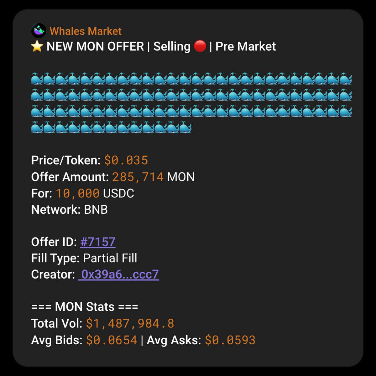 🚨 A whale just placed a $10K sell order for $MON on pre-market, while the @ monad public sale is live on @coinbase. ✓ Pre-market Price: $0.035 ✓ Total  Volume: $1.5M Seems like