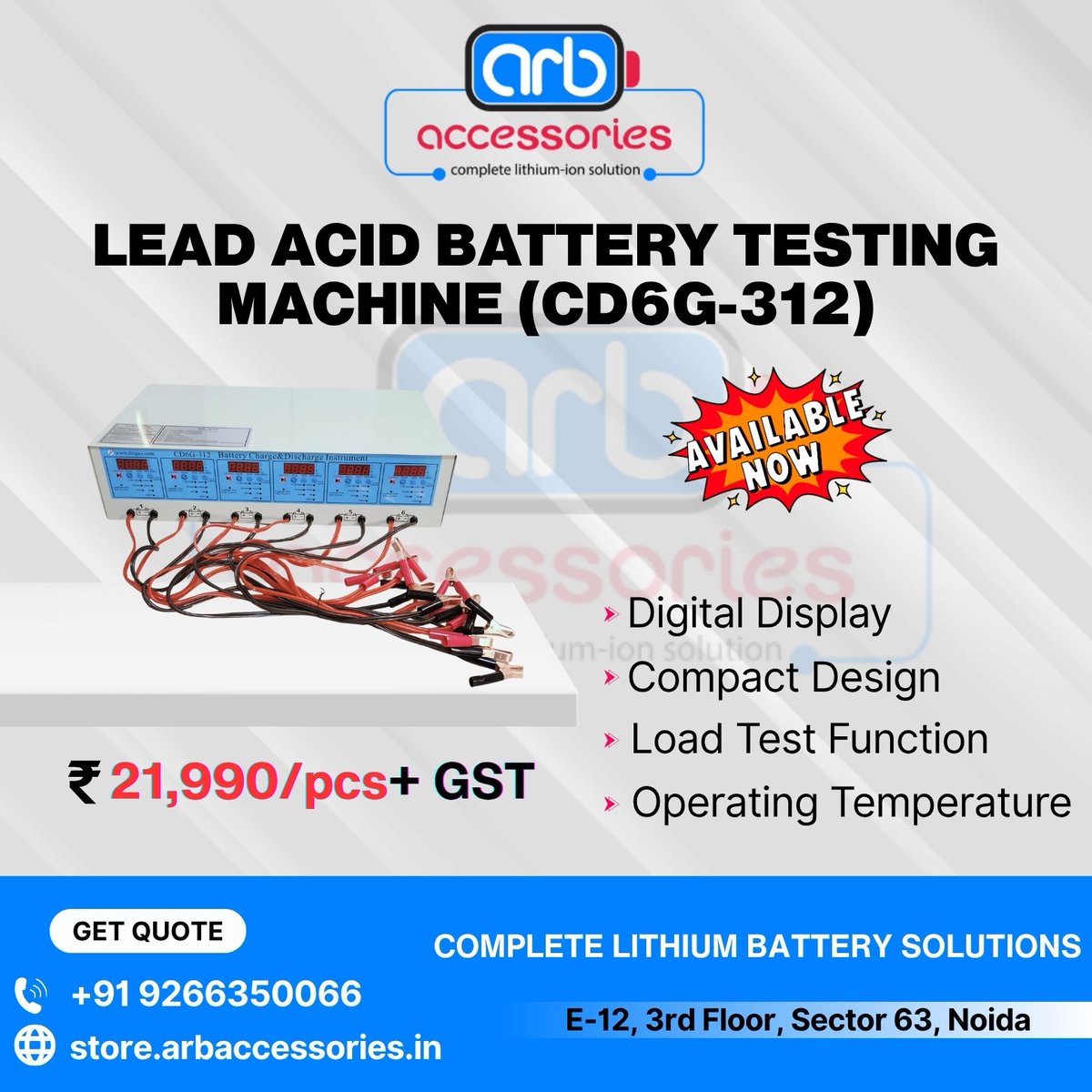 arb_ltd's tweet image. 🔋 D K MACHING ⚙️

🔹 Lithium Battery Pack Test Machine (9–99V / 10–20A) (DSF20) – 
🔹 Battery Testing Lead (SF-100-6 23V6A/10A) –
🔹 Lead Acid Battery Testing Machine (CD6G-312) 

🛒 Buy Now: 
store.arbaccessories.in/category/dk-ma…

#Arbaccessories #BatteryTesting #BatteryTester