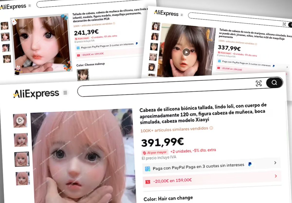 Las muñecas sexuales con aspecto de #niñas para #pederastas también se venden en España, a través de AliExpress, según denuncia <a href="/FACUA/">FACUA</a>. Francia suspendió temporalmente las ventas de una gran plataforma (Shein) para lograr su retirada. El Gobierno español debe actuar <a href="/IgualdadGob/">Ministerio de Igualdad</a>