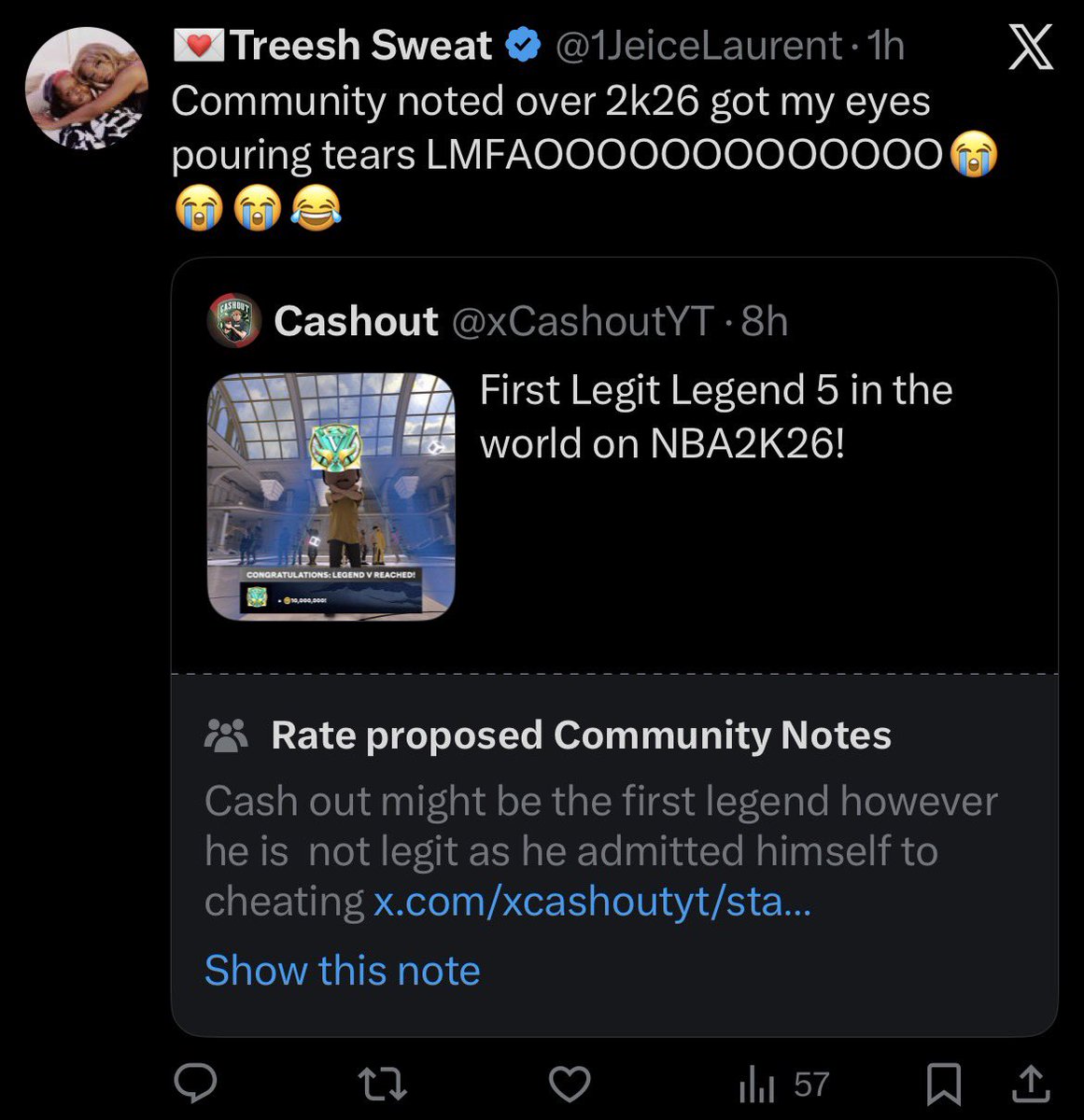 Cheatout with the “first legit” community noted tweet in the 2K community 😭