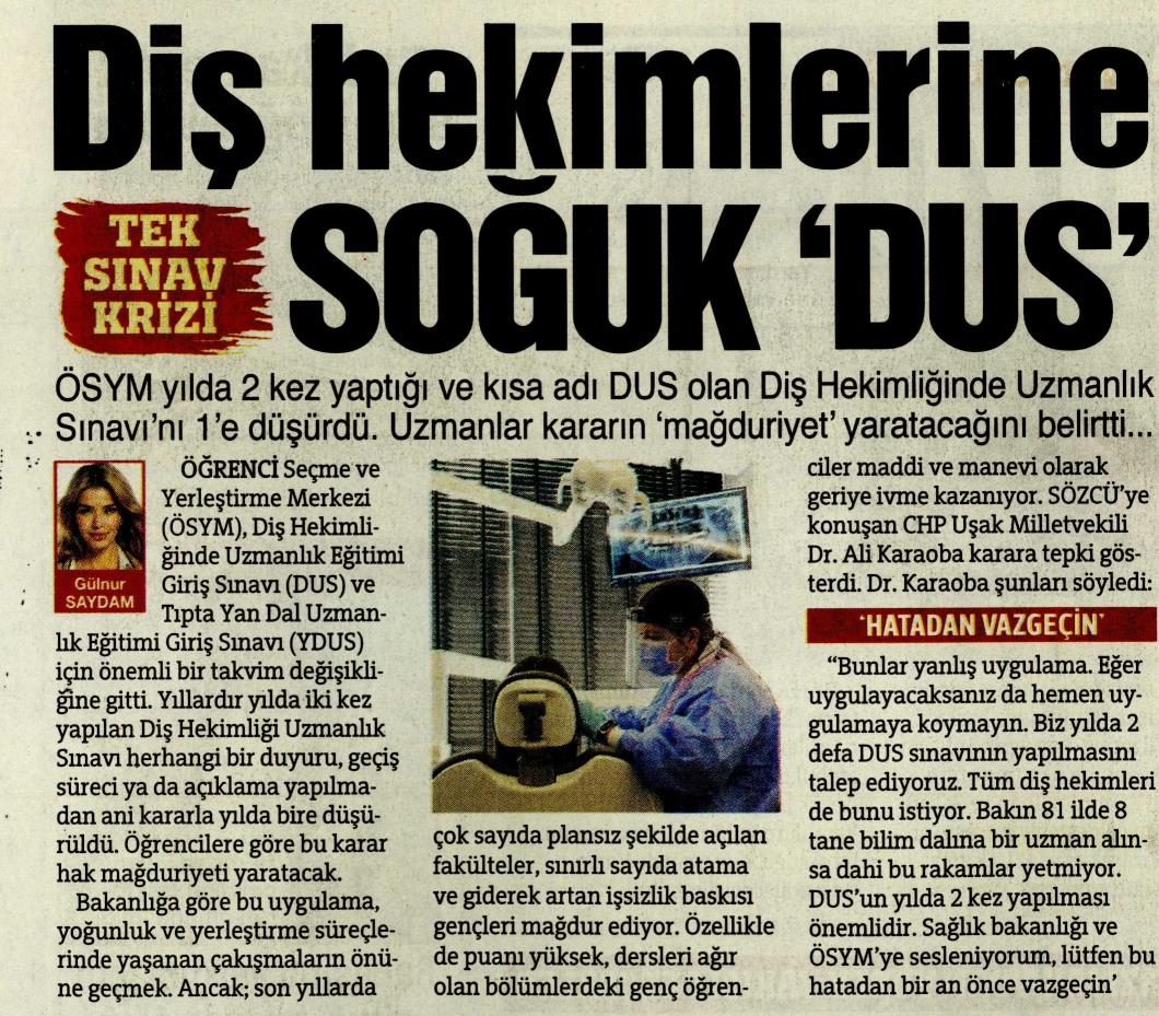 📍Sözcü Gazetesi

Diş hekimlerimizin sorunları ve DUS ile ilgili dün TBMM'de de dile getirdiğimiz konu Sözcü Gazetesi'nde yer aldı. 

Sağlık emekçilerimizin tüm sorunları çözülene kadar dile getirip mücadele etmeye devam edeceğiz. İktidar olduğumuzda bu sorunların tamamı