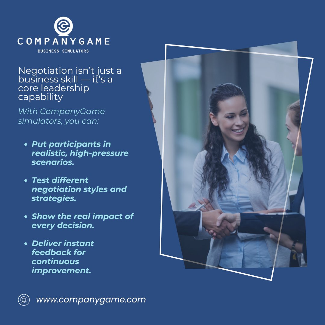 La negociación es una competencia clave del liderazgo. No se aprende en teoría, sino en acción. 

Los simuladores permiten practicar en escenarios reales, probar estrategias, ver el impacto de cada decisión y mejorar con feedback inmediato. 

En CompanyGame, el liderazgo se vive.