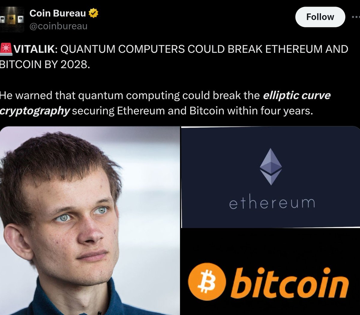 Theses idiots keeps tweeting sensational fake news just to get a higher X payout. 

Her are some REAL facts about quantum, #Ethereum and #Bitcoin 👇

🟧 This claim is completely fake.
Vitalik did NOT say “Bitcoin and Ethereum will be broken by 2028.”
He described a long-term