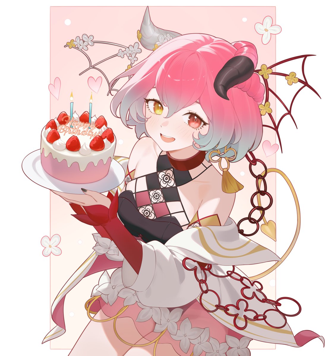 OMG！今日は花のお誕生日ですぅ！TODAY IS MY BIRTHDAY！！！

Thanks to you petalphiles, I'm growing to become a big and strong flower (human... demon... thing？)!!!! I'm so grateful for you all 🌸💕 you all deserve some yummy strawberry cake, too! 

I LOVE YOU GUYS

🎨:<a href="/sechipuu/">SECHI</a>