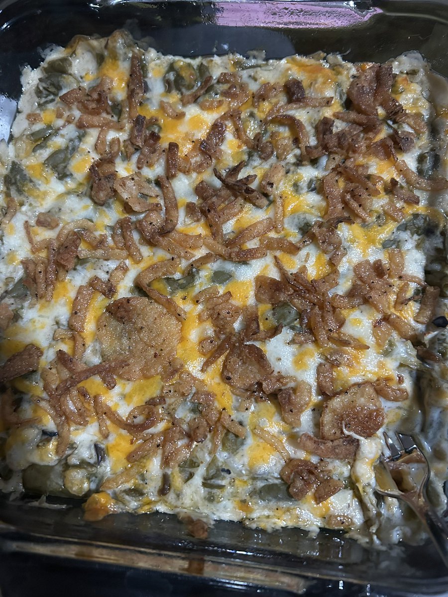 MadiBBQ's tweet photo. Green bean casserole w crispy onions (but they look like bugs) 7/10 too salty, easily fixable https://t.co/xuEiBCGrQO