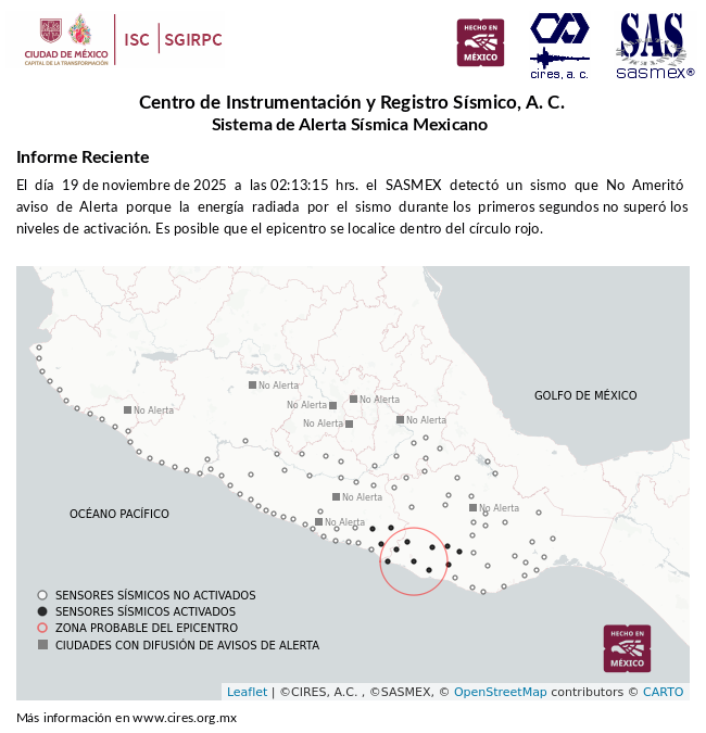 SASMEX's tweet photo. Informe preliminar del #Sismo detectado el 19-nov-25 a las 02:13:15 hrs.  #TenemosSismo #LaPrevenciónEsNuestraFuerza https://t.co/yHLVOs9gyZ