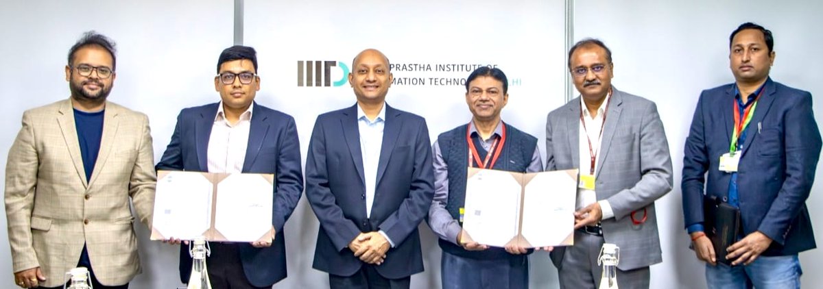 TEC_DoT_India's tweet photo. @TEC_DoT_India & @IIITDelhi signed an MoU today to collaborate on joint #studies, #research and #technical #contributions in advanced #Telecom #technologies #AI #5G #6G #SDN #NFV free #space #optical #communication #LiFi and global #standardisation activities. @DoT_India (1/2) https://t.co/71QQJ8WAWg
