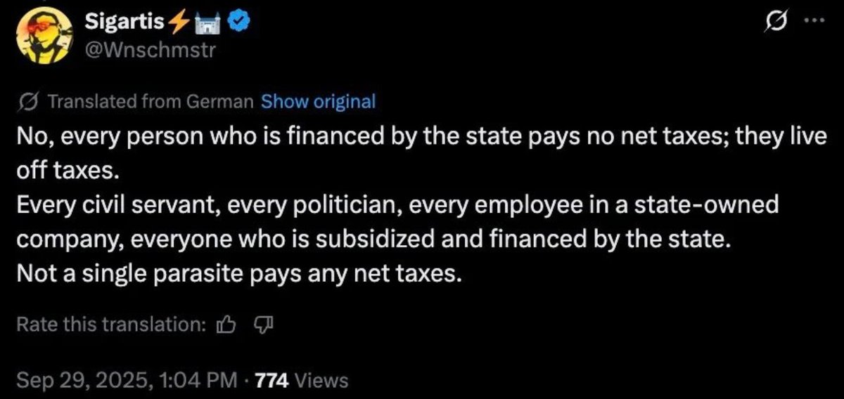 In Germany, a man who called government employees ‘parasites’ on X had his home raided by police.
They confiscated his phone, collected biometric data, requested a DNA sample, and informed him he was now under surveillance.

Meanwhile, everything the man said is factually true..