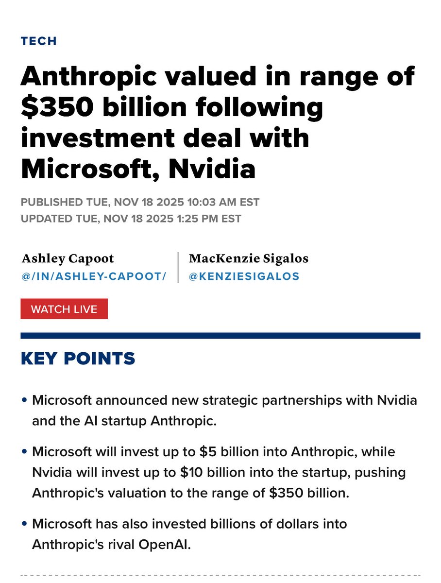 Anthropic is valued at $350bn

Microsoft will invest $5bn 
Nvidia will invest $10bn into Anthropic

SBF invested $500m at $2.5bn - $3bn 

FTX sold 7.8% stake for $1.4bn at  Anthropic valuation = $18bn  

Today FTX stake = $27.3bn

*pre ‘post sale’ dilution