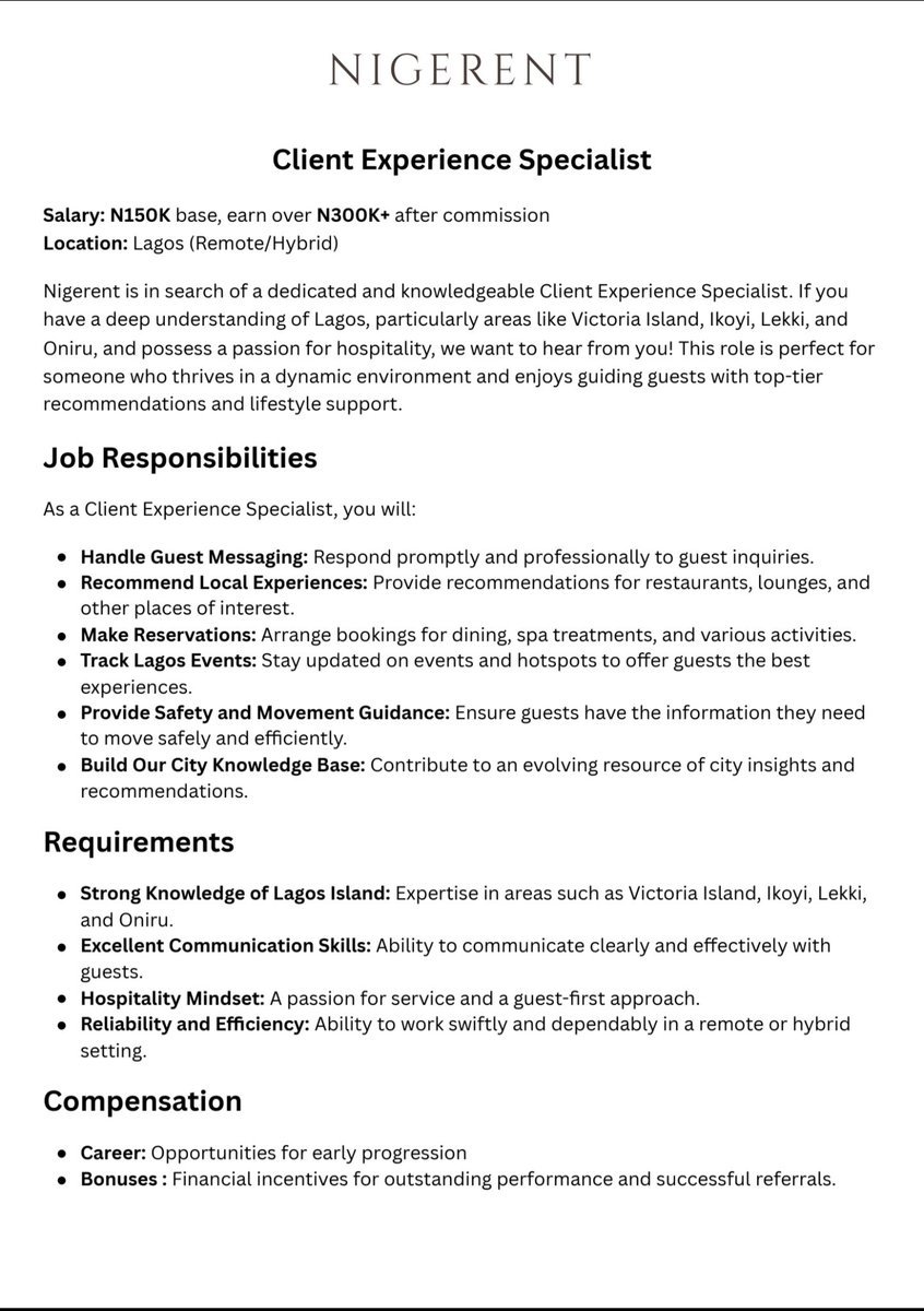JobBusStop's tweet image. Hiring: Client Experience Specialist

Salary: N150,000 Base (N300,000+ in Commission)
Location: Lagos (Remote)

See flyer for More Details.
Send Application to careers@nigerent.com