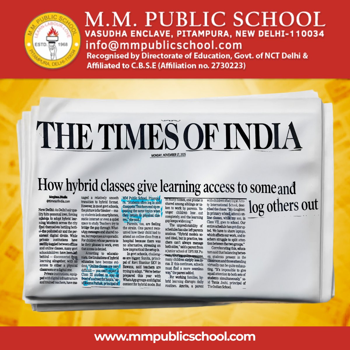 MMPublicschool1's tweet image. MMPS in News
The Times of India dated 17th November 2025
For more information
Call us now: 011-47506758, 41572587
Visit: mmpublicschool.com
#HybridLearning
#DigitalDivide
#TheTimesOfIndia
#EducationNews
#EdTech
