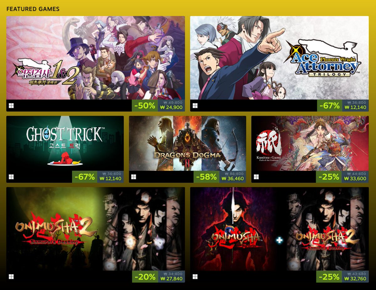 [캡콤 - 블랙프라이데이 세일]
🗓️12월 2일까지

역전검사 1&amp;2 미츠루기 셀렉션 -50% / 24,900원
역전재판 123 나루호도 셀렉션 -67% / 12,140원
역전재판 456 오도로키 셀렉션 -60% / 24,720원
드래곤즈 도그마 2 -58% / 36,460원
고스트 트릭 -67% / 12,140원

store.steampowered.com/developer/capc…