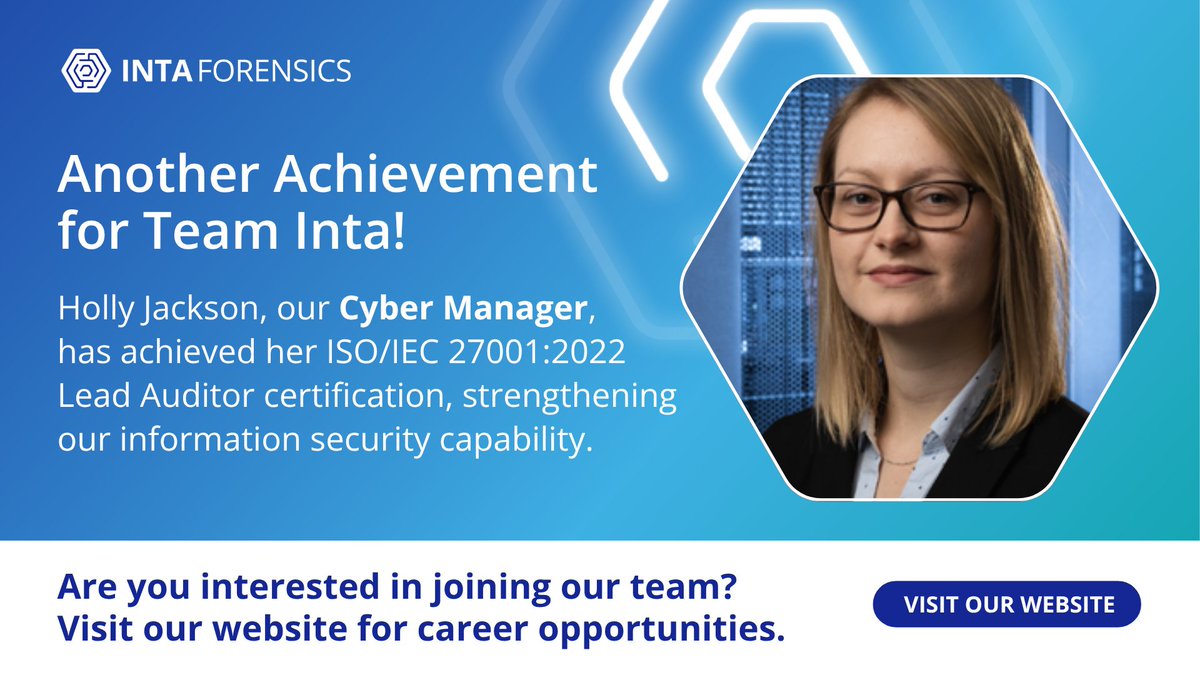 IntaForensics's tweet image. We are pleased to share that Holly Jackson, Cyber Manager at IntaForensics, has achieved her ISO/IEC 27001:2022 Lead Auditor (ISMS) certification following successful completion of the Bywater training programme.

Congratulations, Holly! 👏

#teamnews #congratulations #cyber