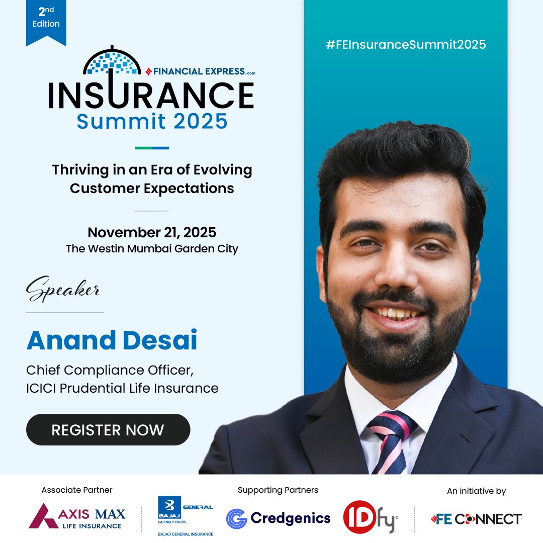 We are elated to have Anand Desai, Chief Compliance Officer, <a href="/ICICIPruLife/">ICICI Pru Life</a>, for the 2nd Edition of the FE Insurance Summit 2025. 

November 21, 2025 | The Westin Mumbai Garden City 
Register now: shorturl.at/ShC5w 

<a href="/AxisMaxLifeIns/">Axis Max Life Insurance</a> | @Credgenics | <a href="/bajajgeneral/">Bajaj General Insurance</a> | IDfy