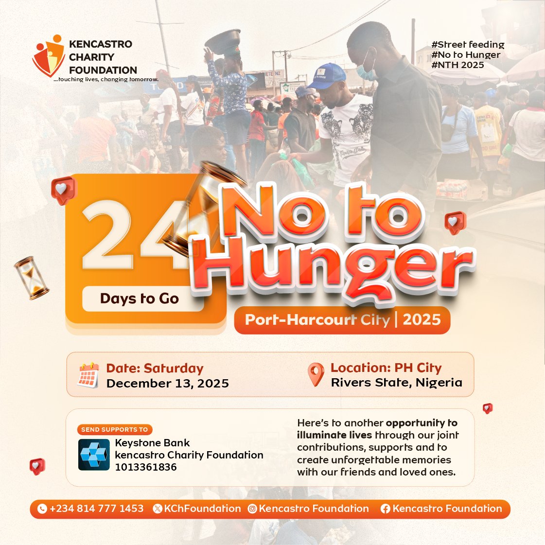 We may not have it all, but we have each other. 

Join us in spreading that love. Volunteer, give, tell someone about #NoToHunger. Together, we’ll make the streets feel seen again.🧡
#KencastroCharityFoundation  #NTHPortHarcourt #NTHPH #NTH2025