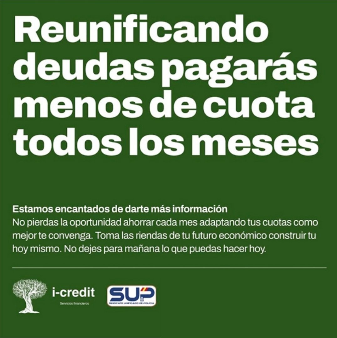 Sup_Policia's tweet photo. 🔋Necesitas tu #Hipoteca
🪫pero no tienes fondos para los gastos❓️
Quieres reunificar tu deuda❓️
💪La mejor #TasaDeInterés
Con #ICredit puedes conseguirlo y por ser afiliado al @Sup_Policia obten un descuento en el coste del servicio⤵️
https://t.co/S8rSwEnaxG #SupLíderEnServicios
