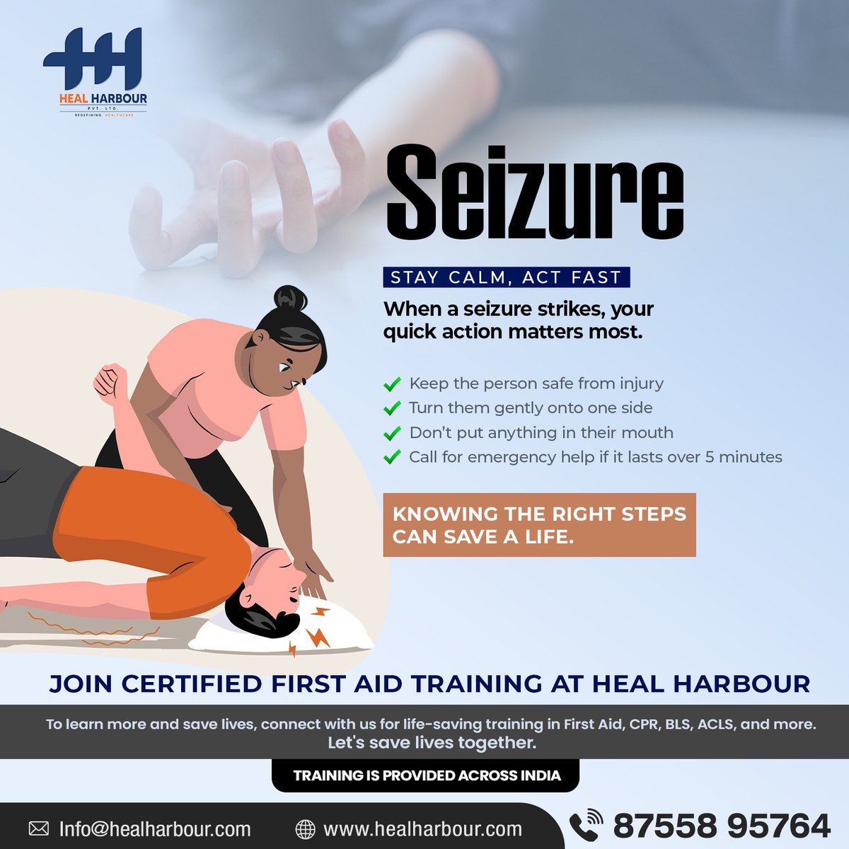 HarbourHeal's tweet photo. Seizure
STAY CALM, ACT FAST
When a seizure strikes, your quick action matters most.
KNOWING THE RIGHT STEPS CAN SAVE A LIFE.
📞 Call Now: 87558 95764
#SeizureFirstAid #EmergencyCare #StayCalmActFast #FirstAidTips #SaveLives #HealthAwareness #HealHarbourPvtLtd #Training https://t.co/22utJVxY6F
